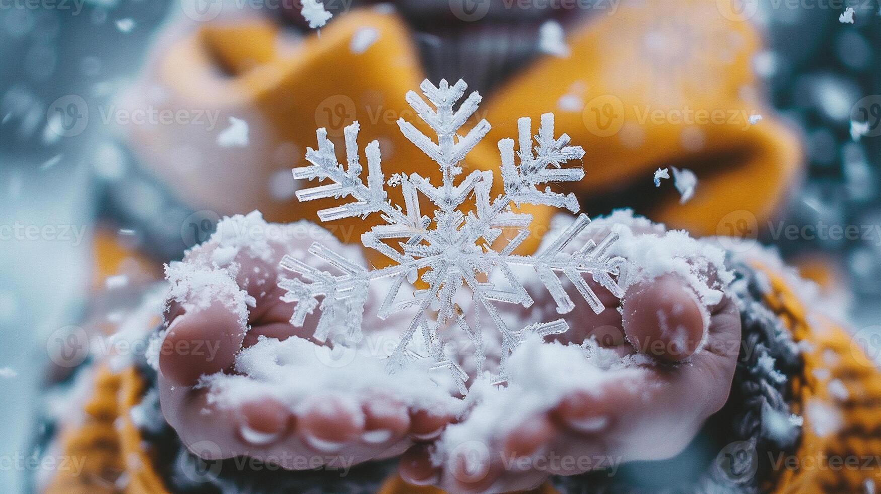 Close up of child hands holding snowflake. Winter holidays concept. photo