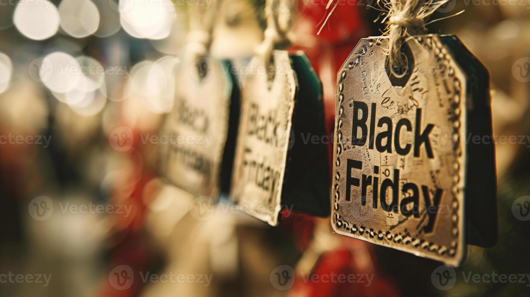 Black Friday sale tag on blurred background of clothing store. Black Friday concept. photo