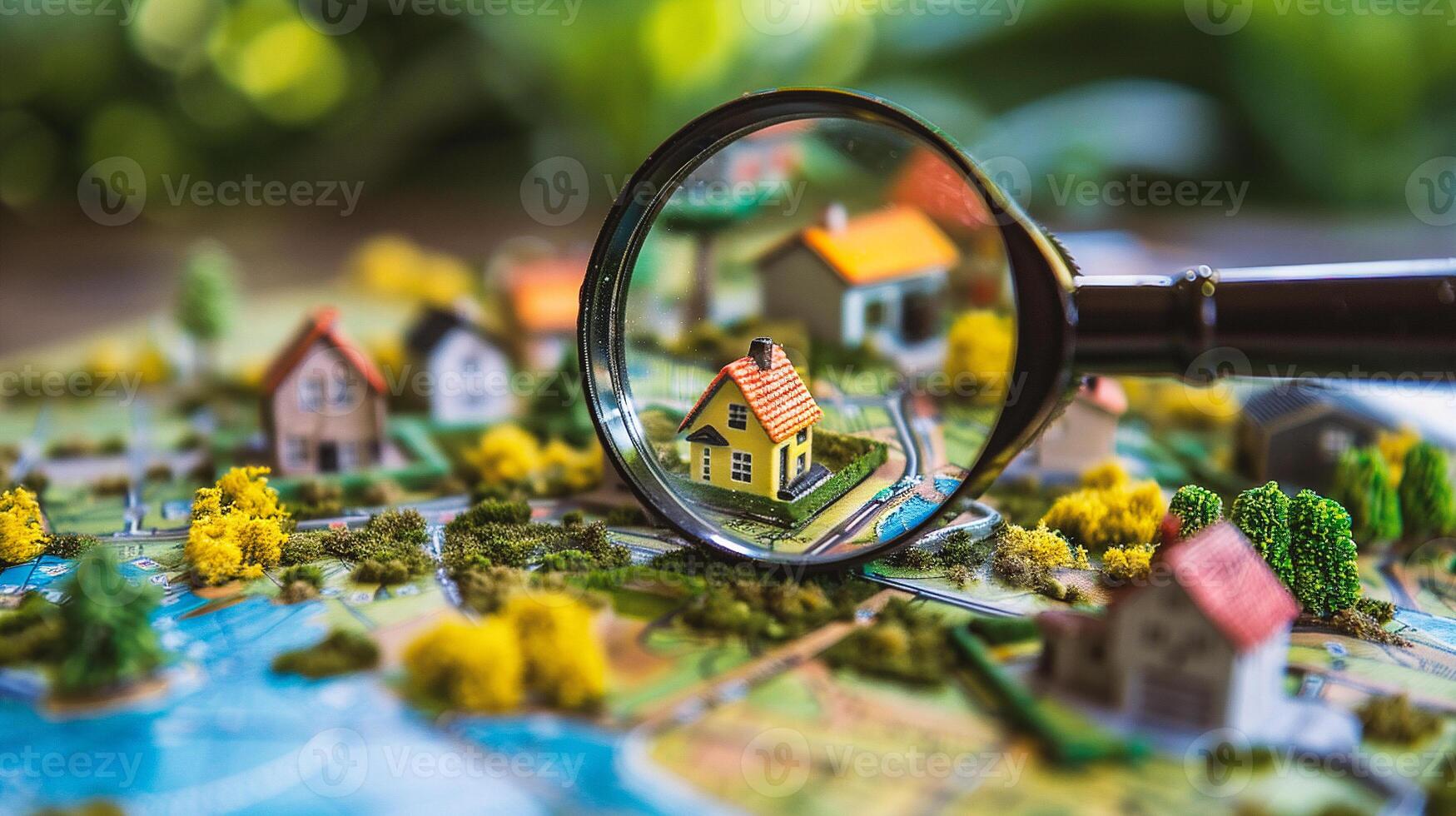 Miniature houses and magnifying glass on a map photo