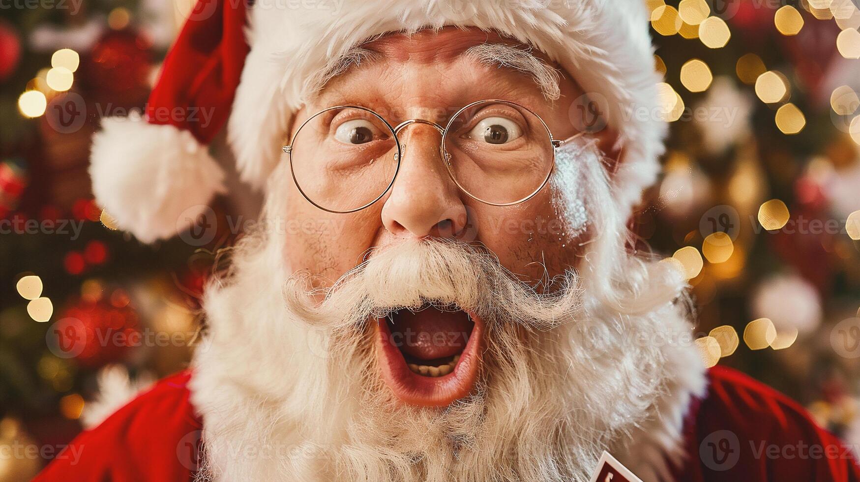 Close-up portrait of funny Santa Claus in eyeglasses holding gift boxes and looking at camera photo