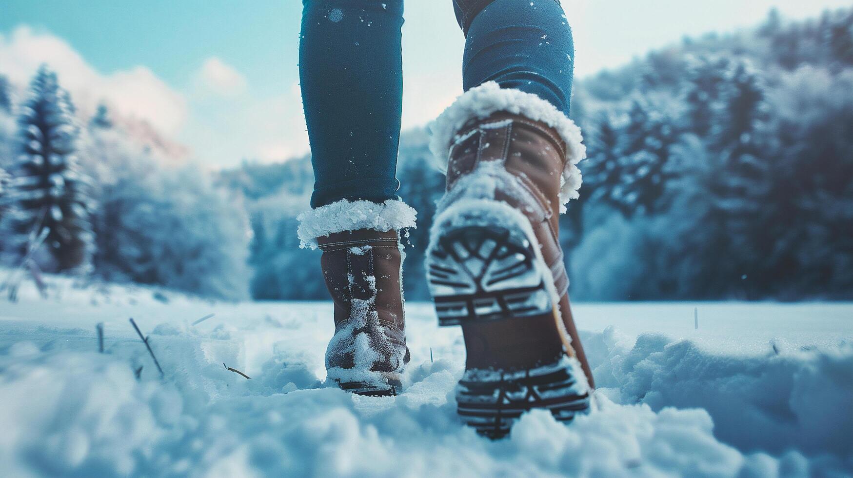 Close up of female legs in warm winter boots standing on snow at sunset photo
