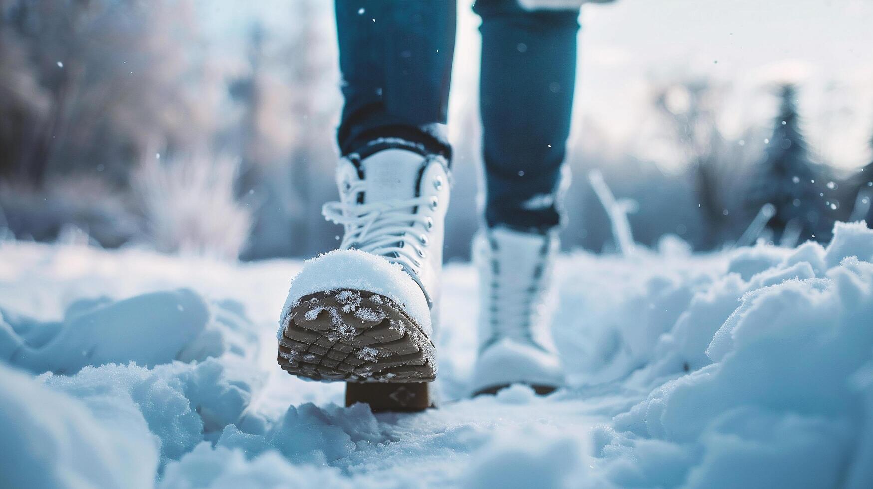 Close up of female legs in warm winter boots standing on snow at sunset photo