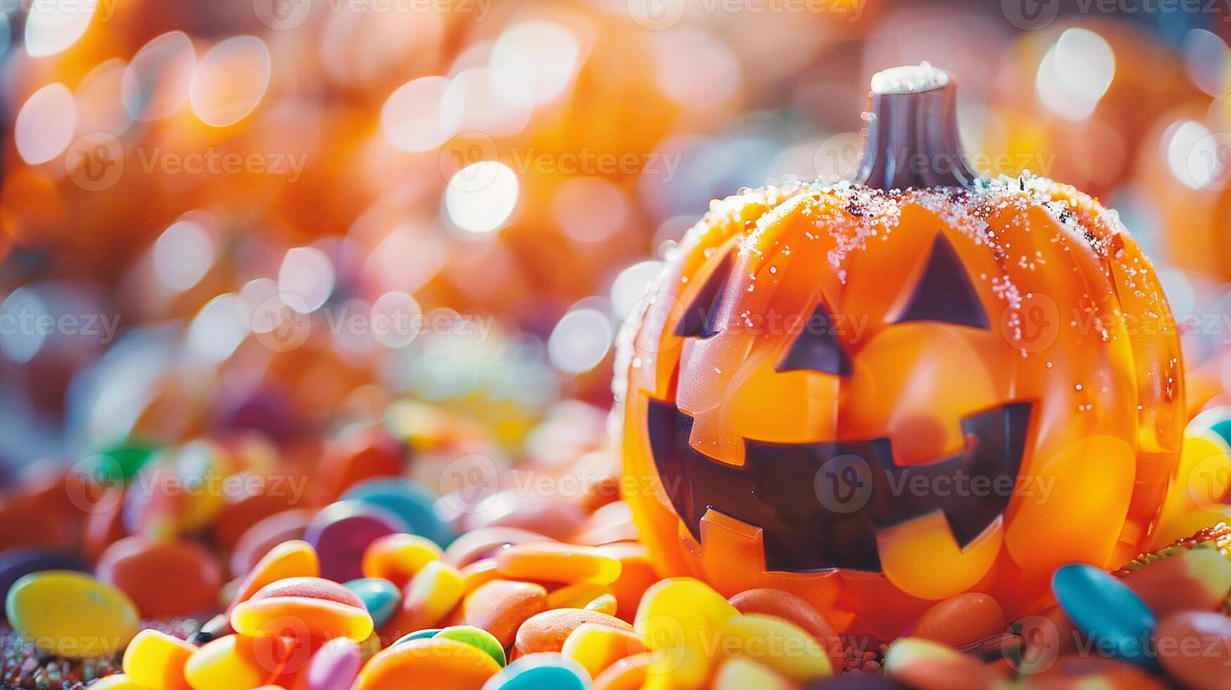 Halloween pumpkin jack o lantern with colorful candies on bokeh background photo