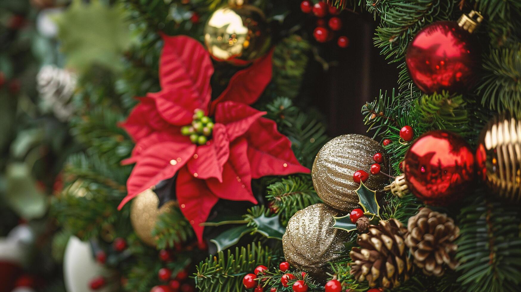Christmas decoration with evergreen tree, red and golden baubles photo