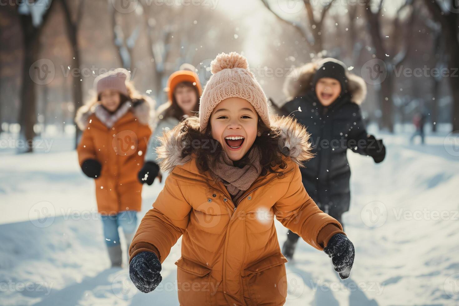 cheerful children playing winter games in a snowy park photo