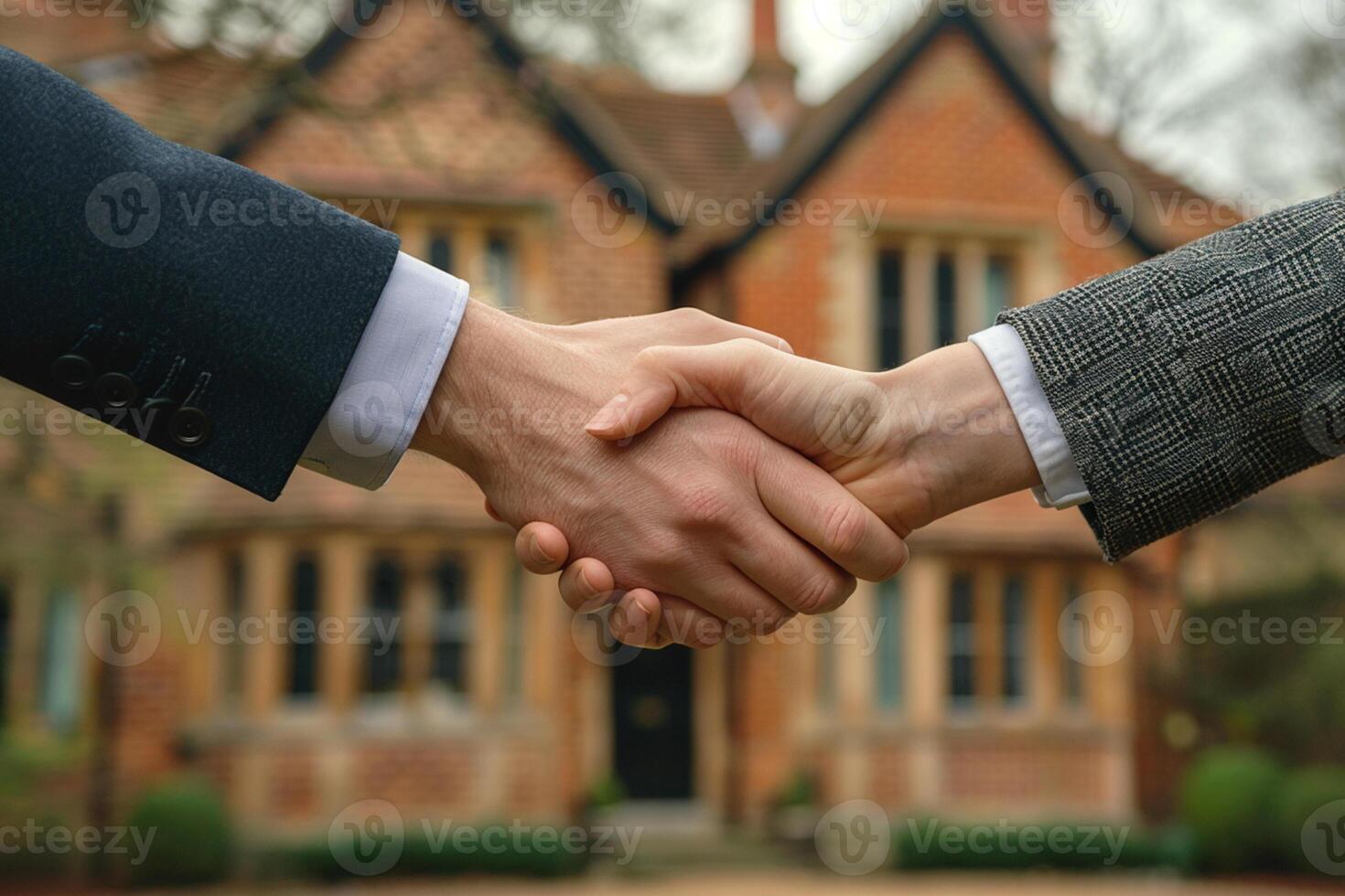 handshake against the backdrop of a country house for sale photo