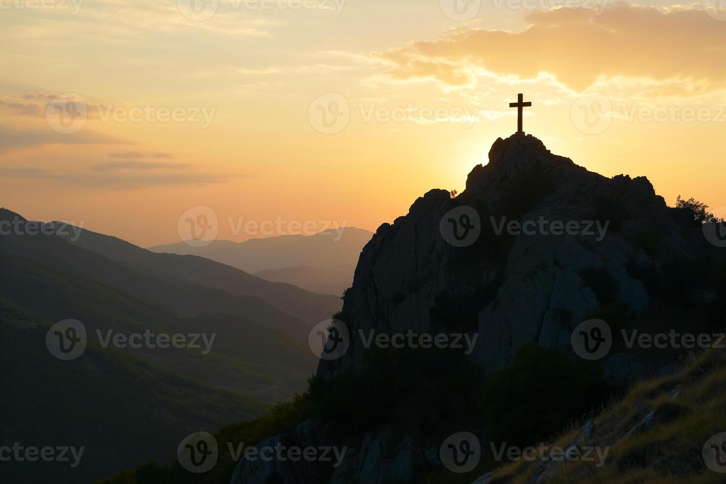 cross on the mountain, symbol of the crucifixion in the rays of the rising sun, faith, hope photo
