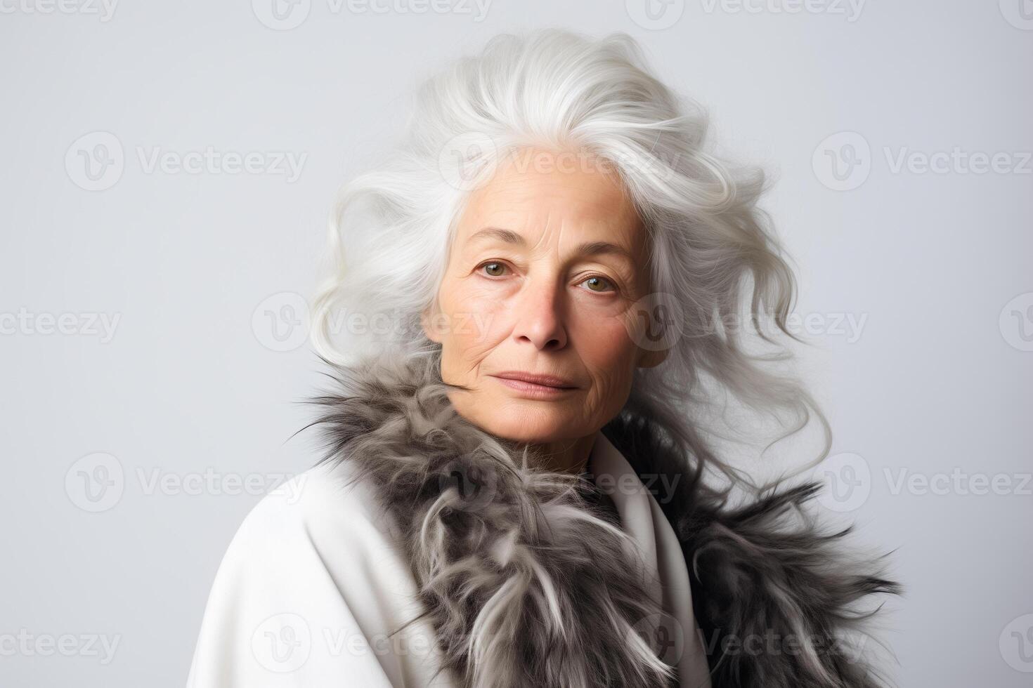portrait of an elderly gray-haired woman with long hair photo