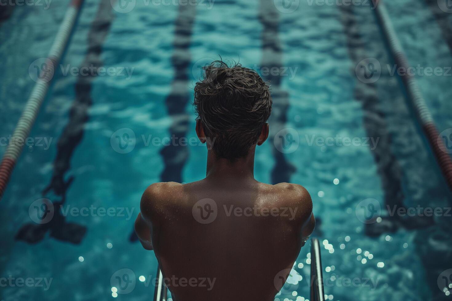 Swimmer on a diving tower, ready to jump into a large Olympic swimming pool, close-up rear view photo