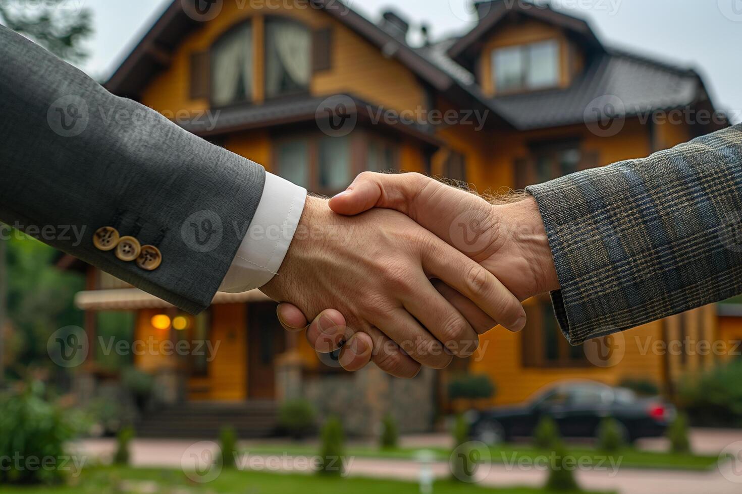 handshake against the backdrop of a country house for sale photo