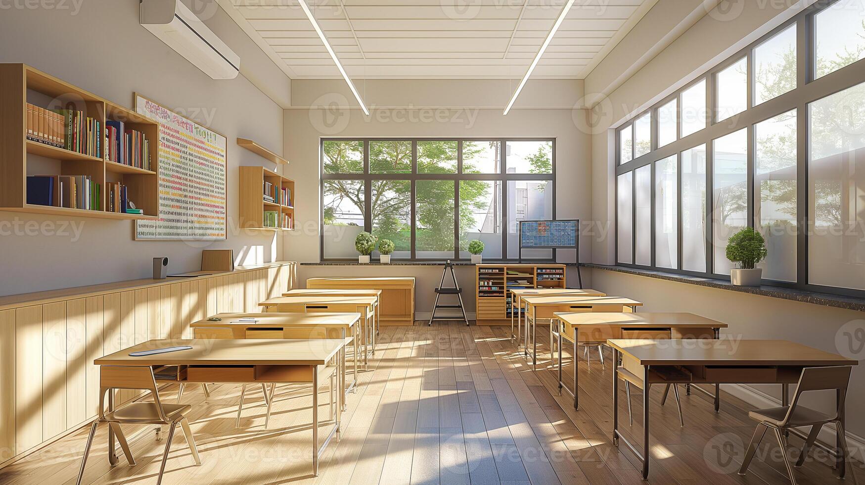 Interior design of a modern school classroom in light colors, back to school photo
