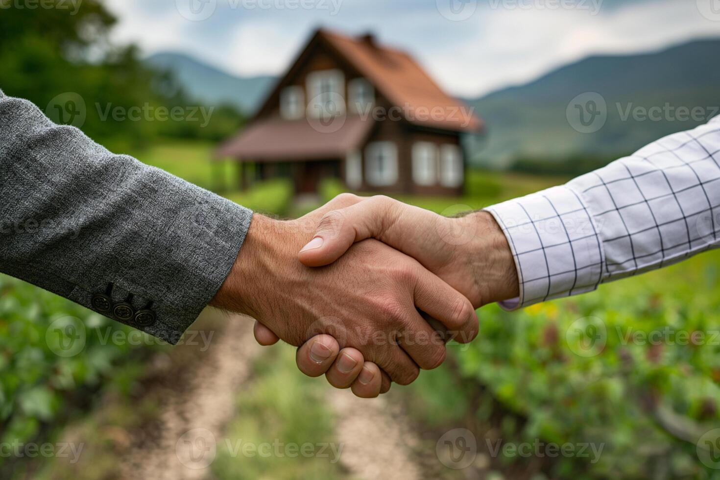 handshake against the backdrop of a country house for sale photo