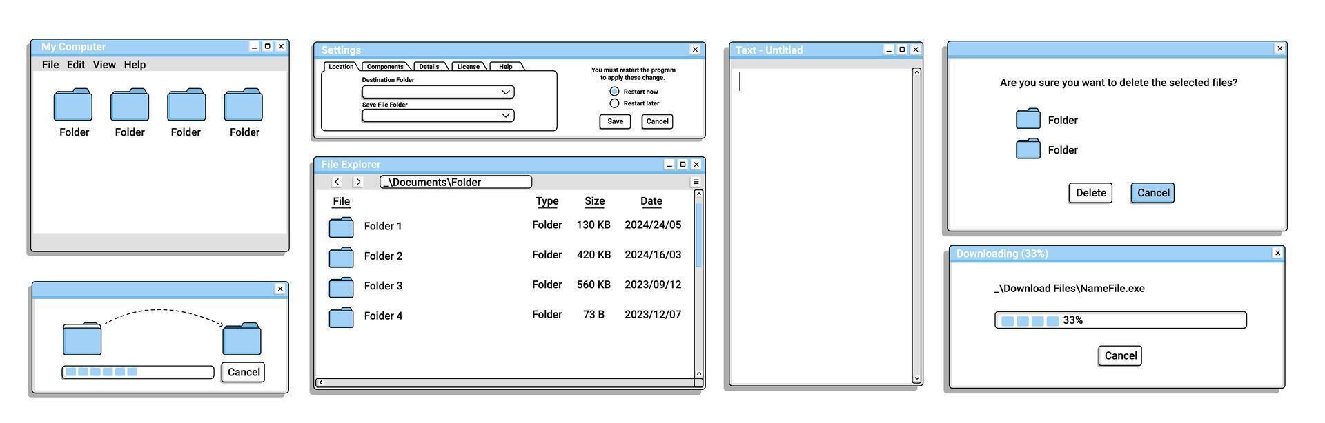 Set of old window for operating system on blue color. Digital loading bar. vector