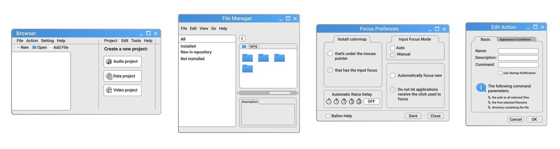 Retro set of system windows in blue style. vector