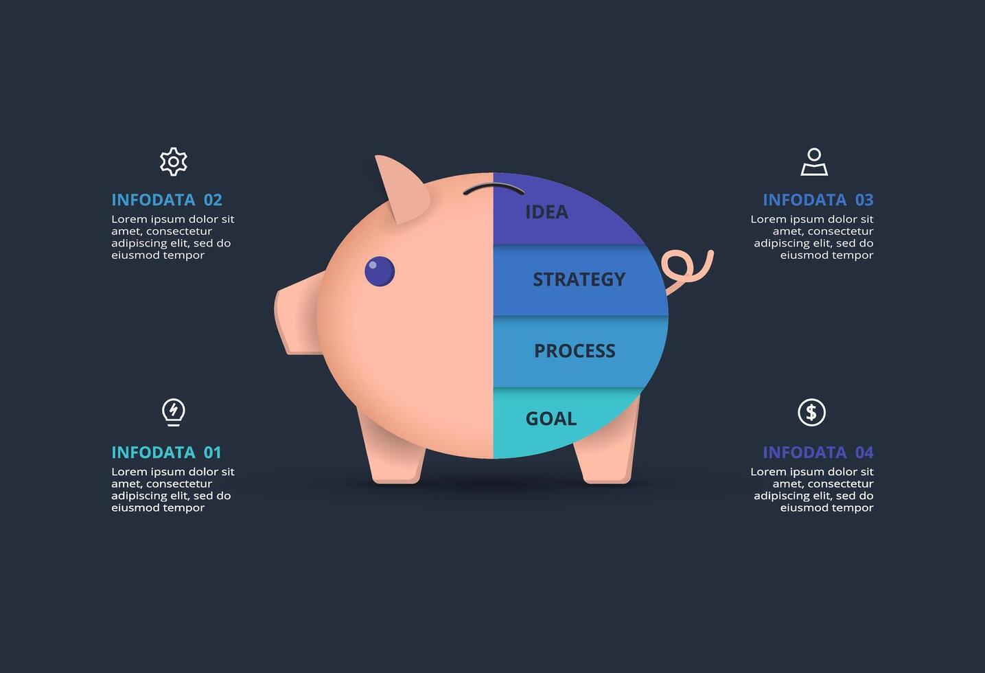 Creative infographic with 4 elements, presentations, illustration. Template for web on a black background. vector