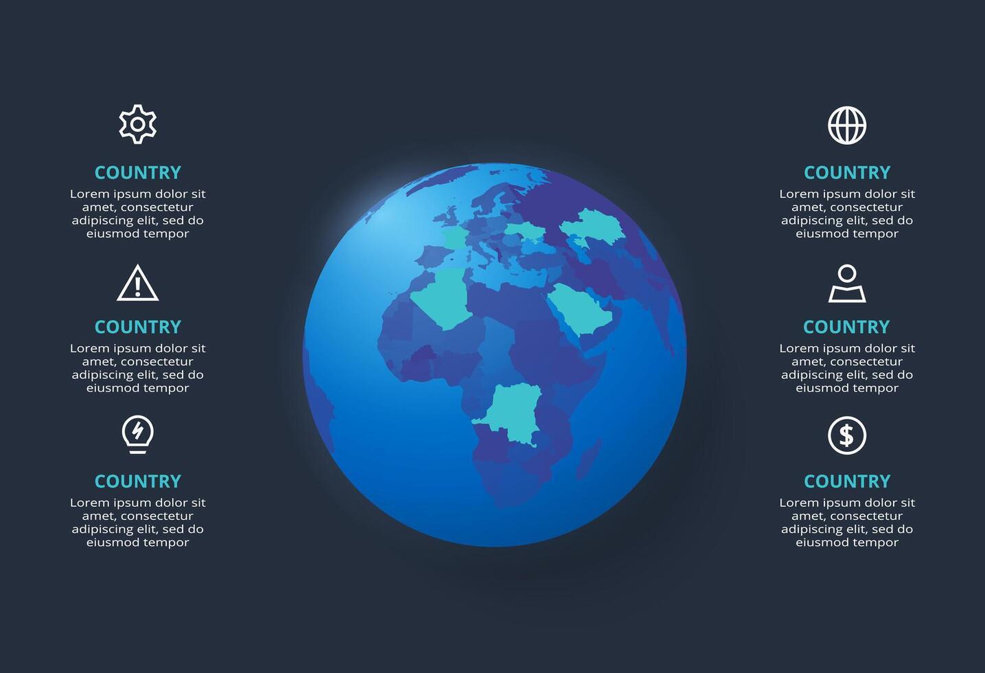 Creative infographic with 6 elements, presentations, illustration. Template for web on a black background. vector