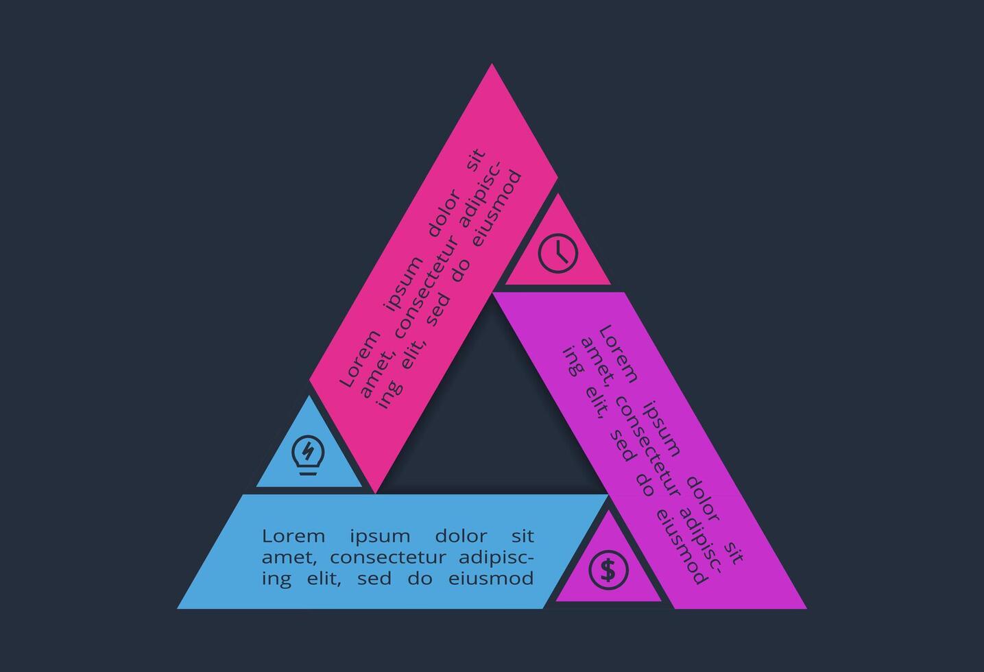 Triangle infographic with 3 elements, presentations, illustration. Template for web on a black background. vector