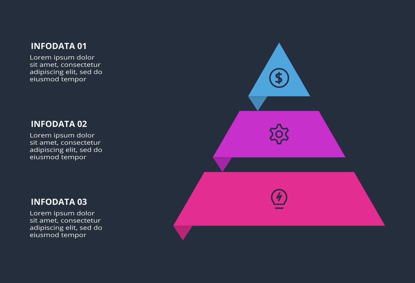 Triangle infographic with 3 elements, presentations, illustration. Template for web on a black background. vector