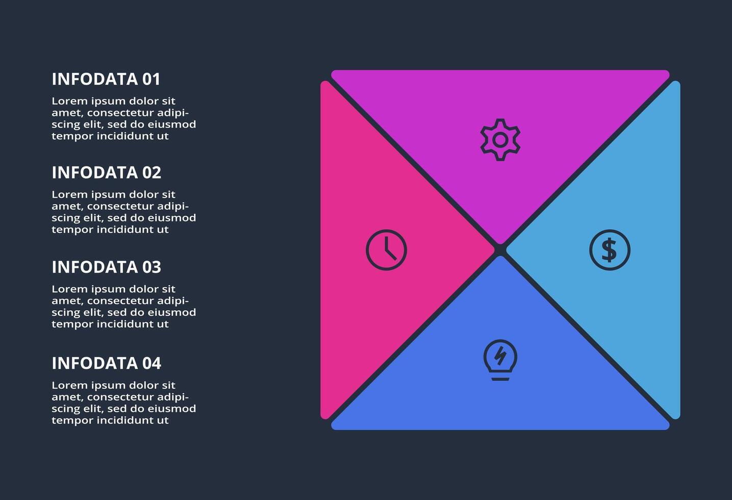 Triangle infographic with 4 elements, presentations, illustration. Template for web on a black background. vector