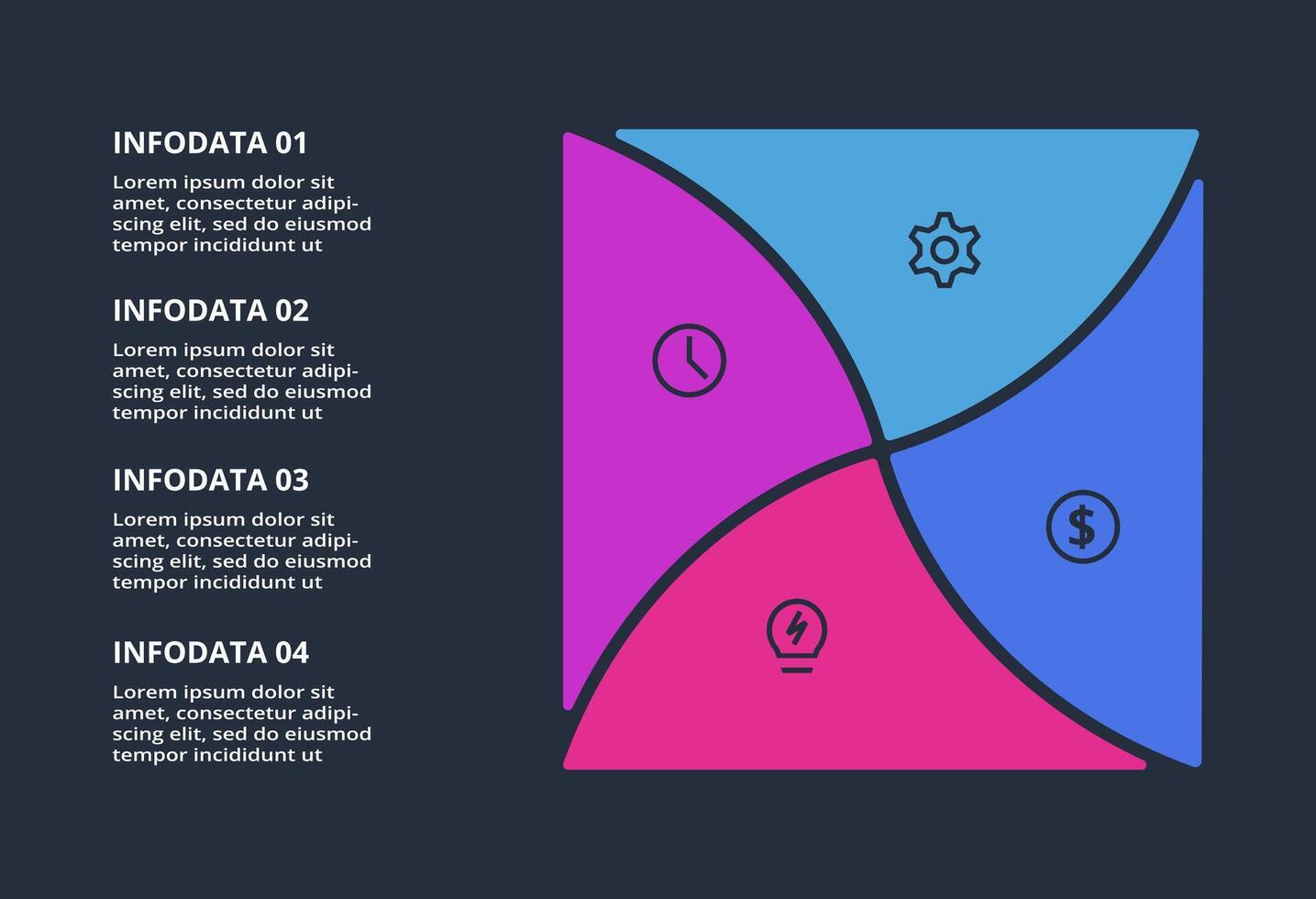 Triangle infographic with 4 elements, presentations, illustration. Template for web on a black background. vector