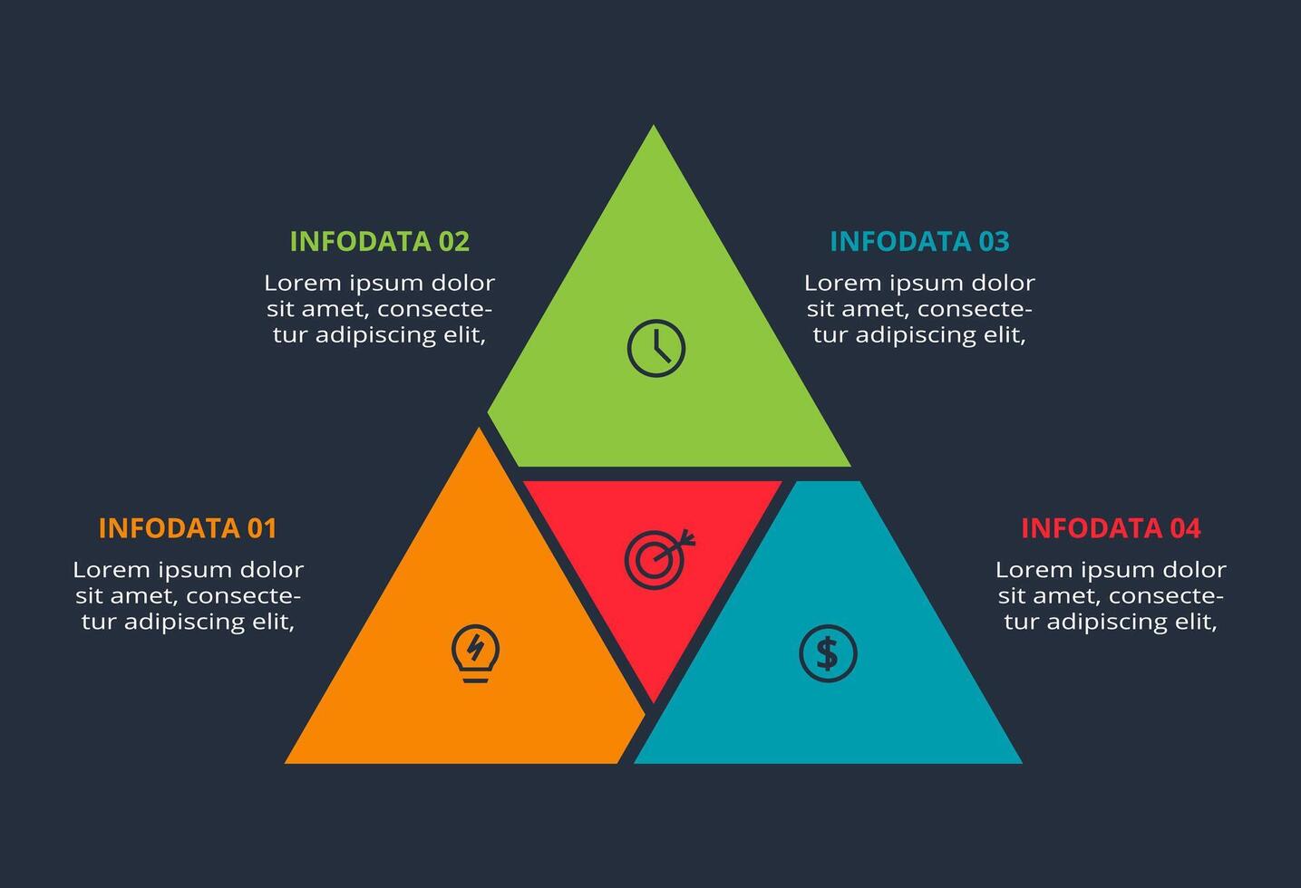 Triangle infographic with 4 elements, presentations, illustration. Template for web on a black background. vector