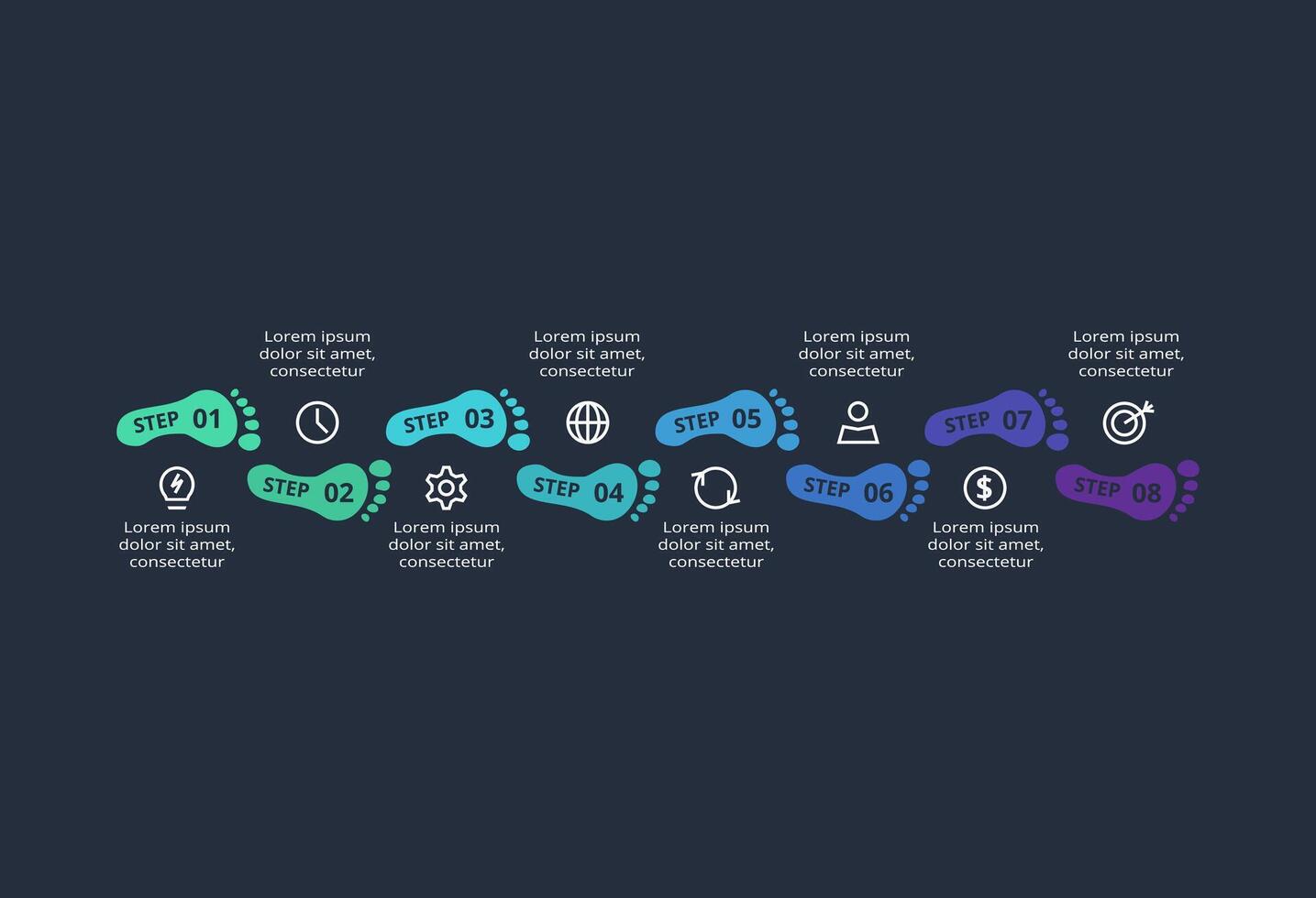 Creative infographic with 8 elements, presentations, illustration. Template for web on a black background. vector