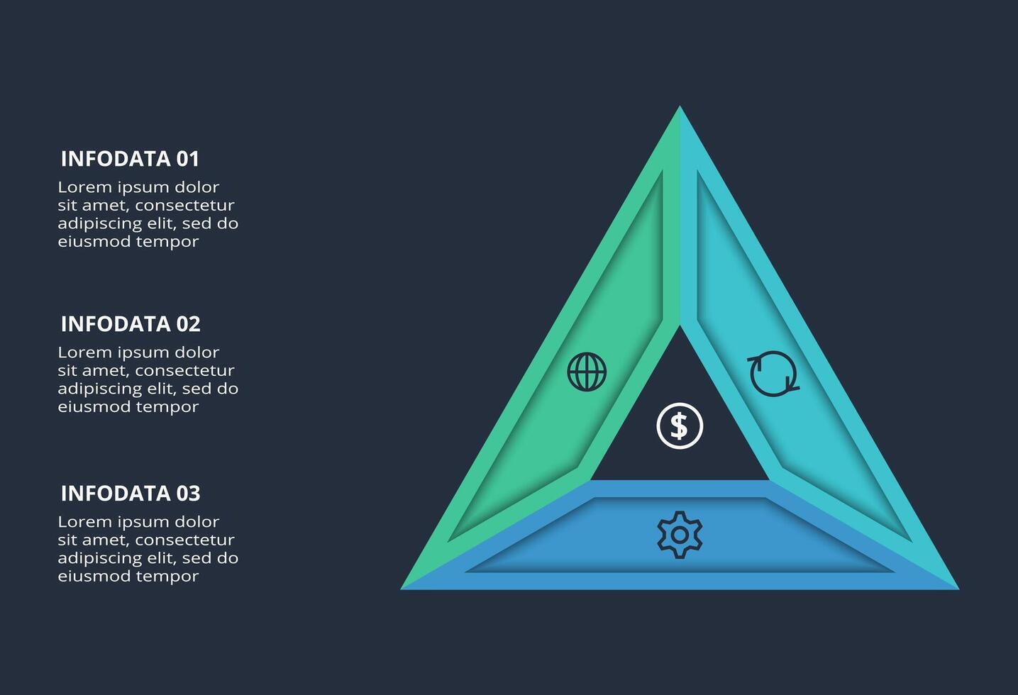 Triangle infographic with 3 elements, presentations, illustration. Template for web on a black background. vector
