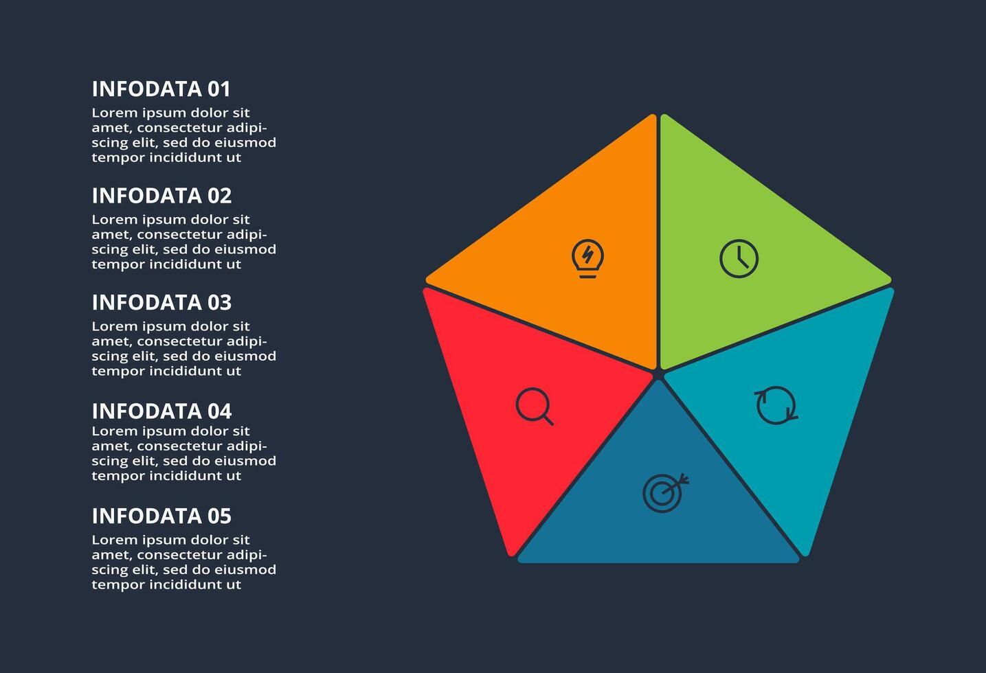 Triangle infographic with 5 elements, presentations, illustration. Template for web on a black background. vector