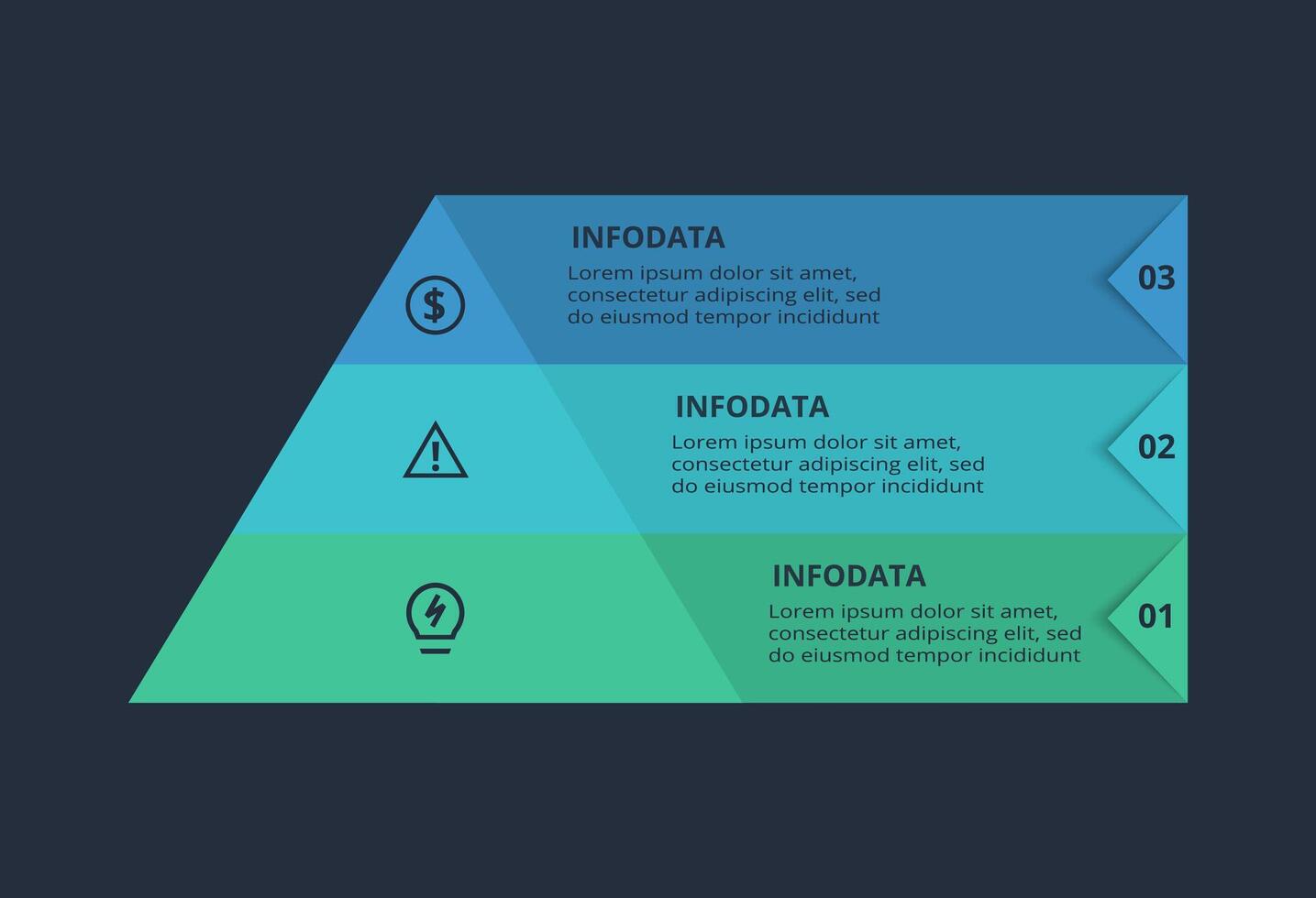 Triangle infographic with 3 elements, presentations, illustration. Template for web on a black background. vector
