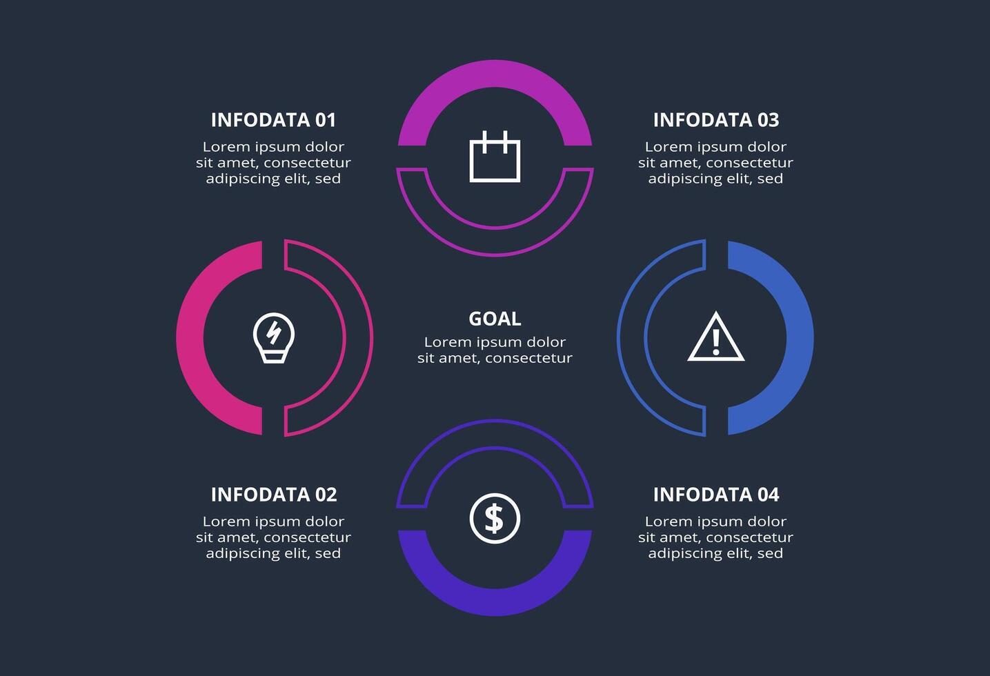 Creative infographic with 4 elements, presentations, illustration. Template for web on a black background. vector