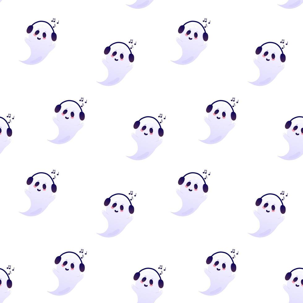 Ghost with music in headphones seamless pattern. Packaging design, wrapping paper, background vector