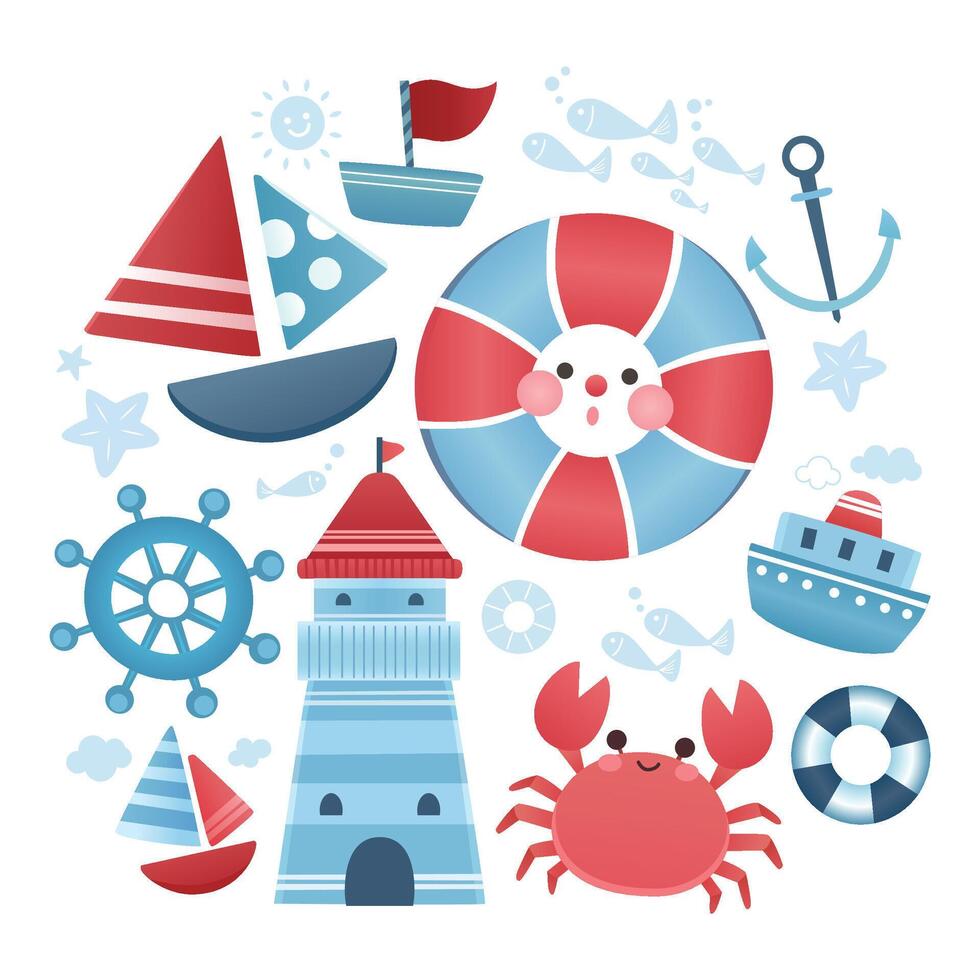 Collection of sailor and nautical marine object illustrations. vector