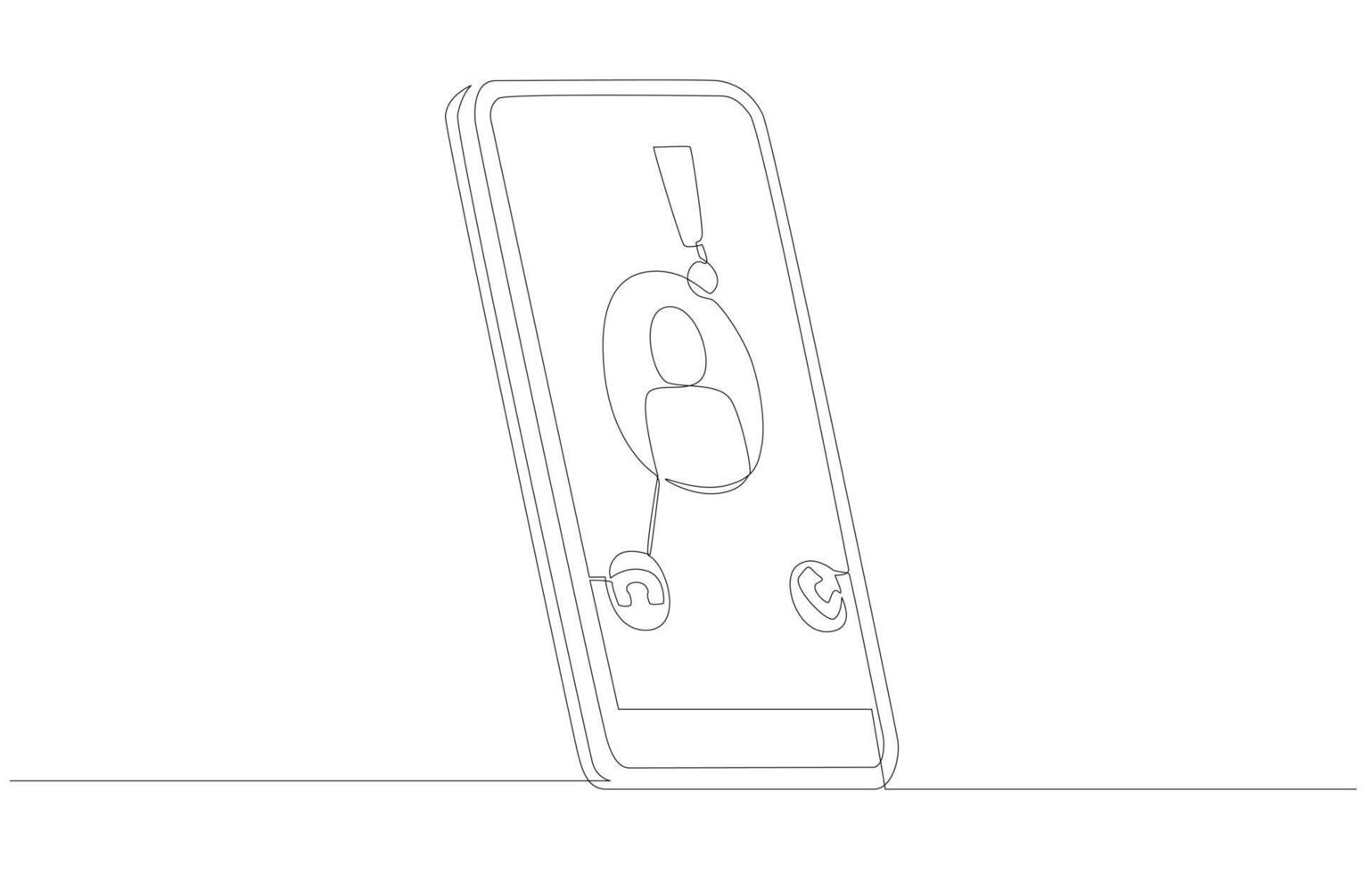 Continuous one line drawing of smartphone with notification of incoming call from scammer, phone scam alert concept, single line art. vector