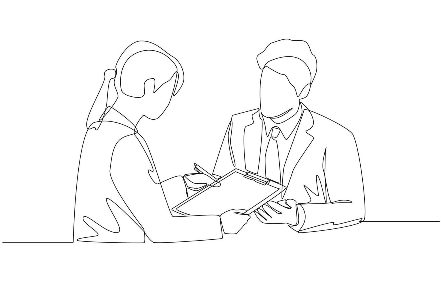 Continuous one line drawing of businesswoman presenting contract to client for signature, business contract concept, single line art. vector
