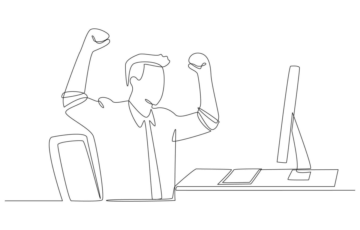 Continuous one line drawing of happy office worker sitting and raising hands in front of office pc, celebration of work success concept, single line art. vector