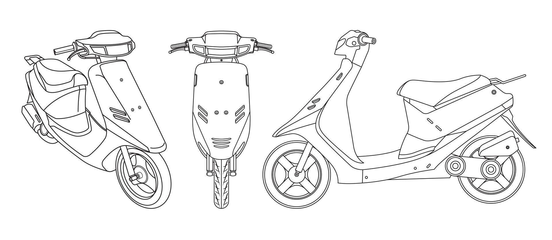 black line drawing of a motorcycle, front, side and 45 degree angle. vector