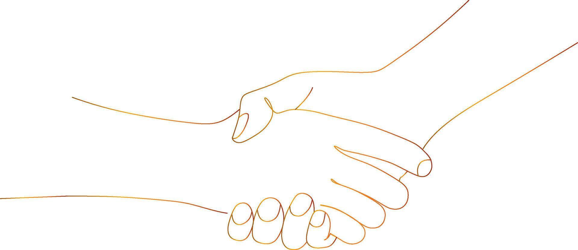 Handshake, helping hand, one continuous line art. The team shakes hands together. Man or woman communication, business agreement, partnership. Sign contracts, peace. outline vector