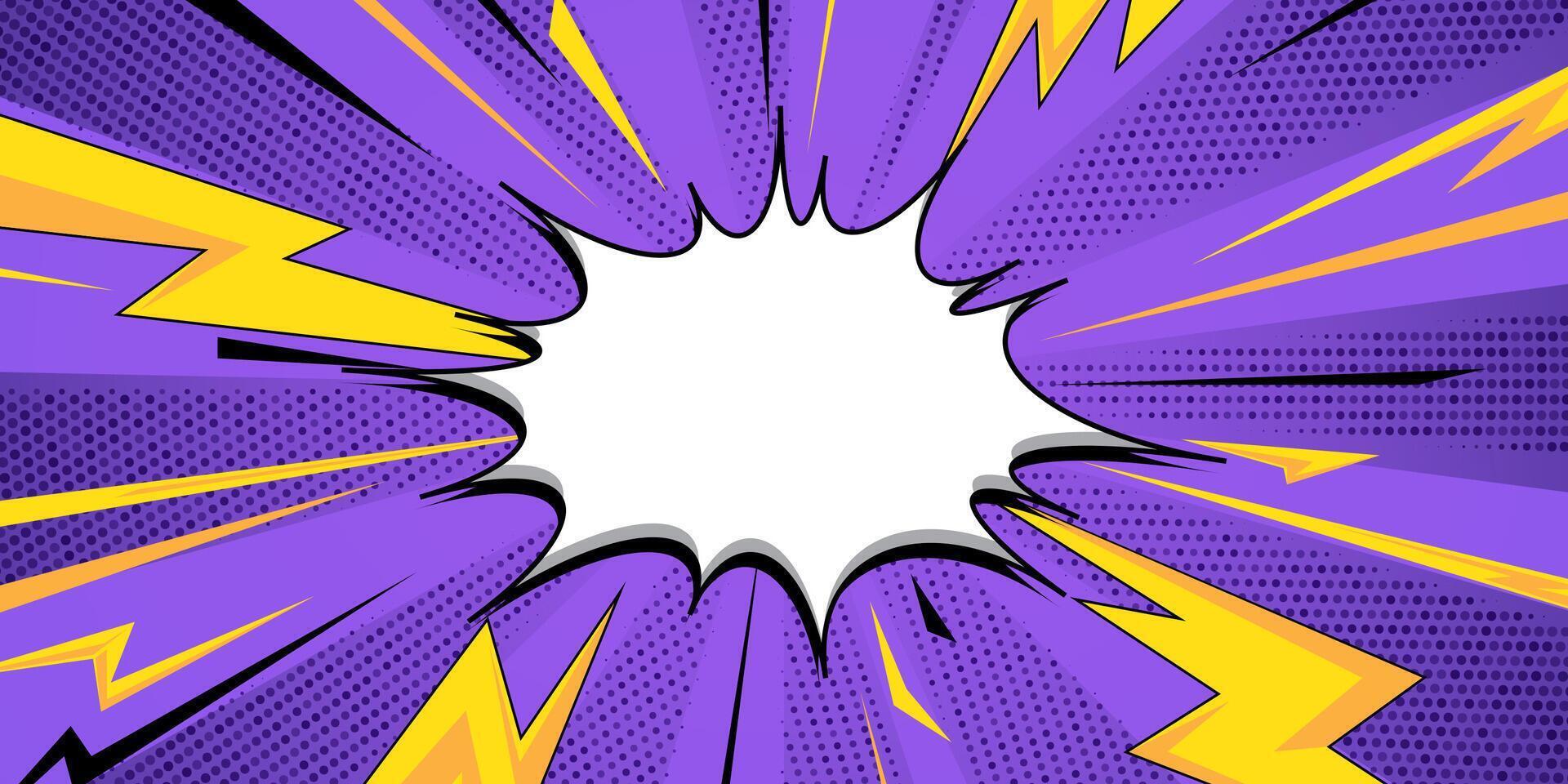 Blank comic cartoon purple background with thunder lightning, cartoon pop art style with empty dialog bubble vector