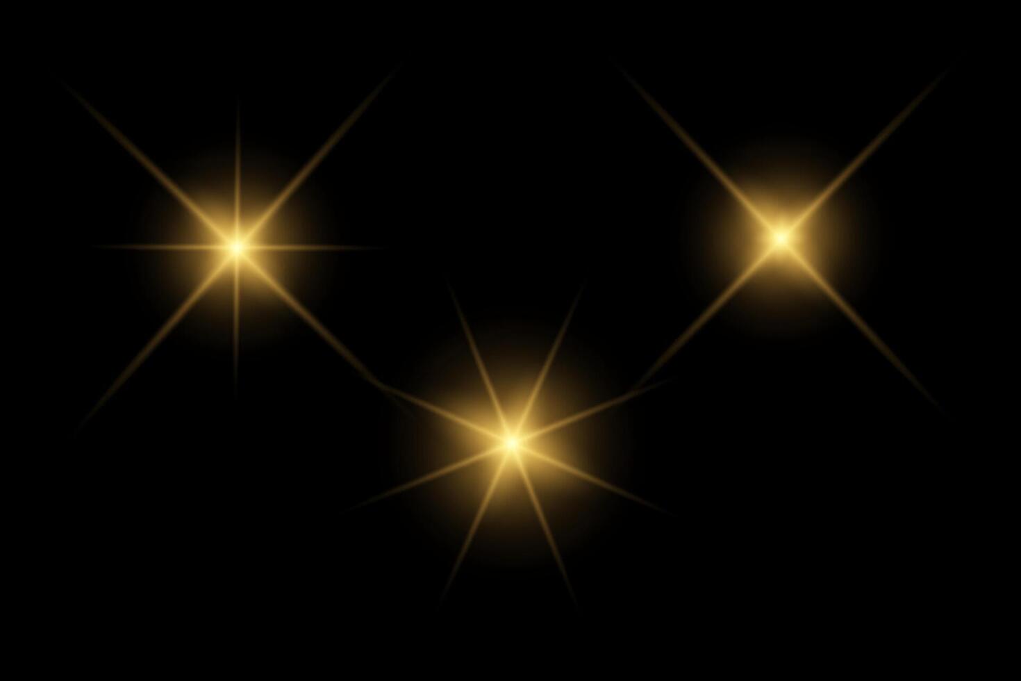 Golden sparkle lights, flashing lights, light effects, sunlight lens flare, glowing ray beams, sparkling starsicon on black background. vector