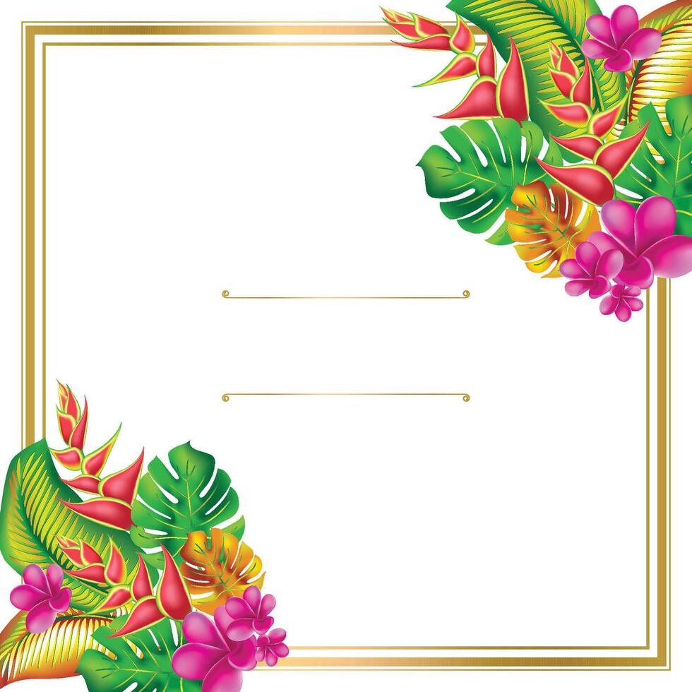Palm monstera leaves with hibiscus and pink plumeria flowers abstract background template. Tropical exotic flower Frame. Trendy summer exotic flower card. vector