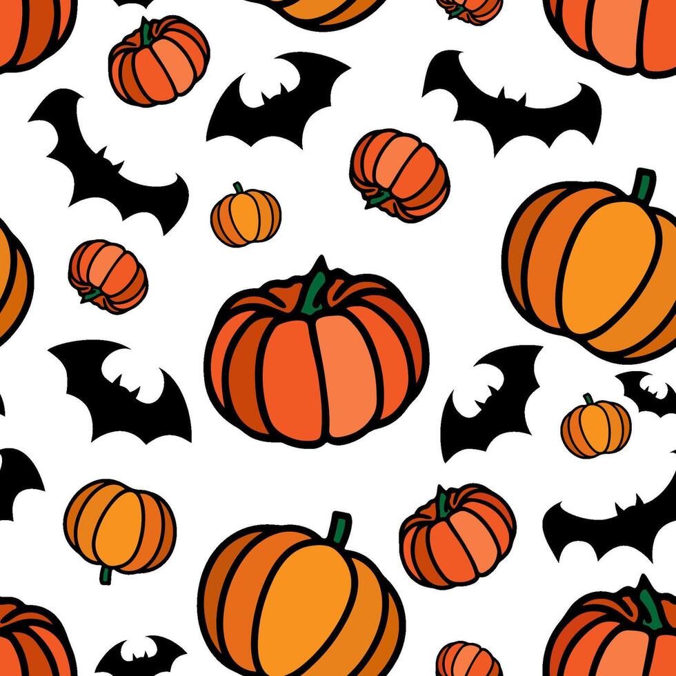 Autumn Pumpkin pattern with Halloween flyinf bats. Thanksgiving vegetable seamles print. Autumn-themed repeat print. vector