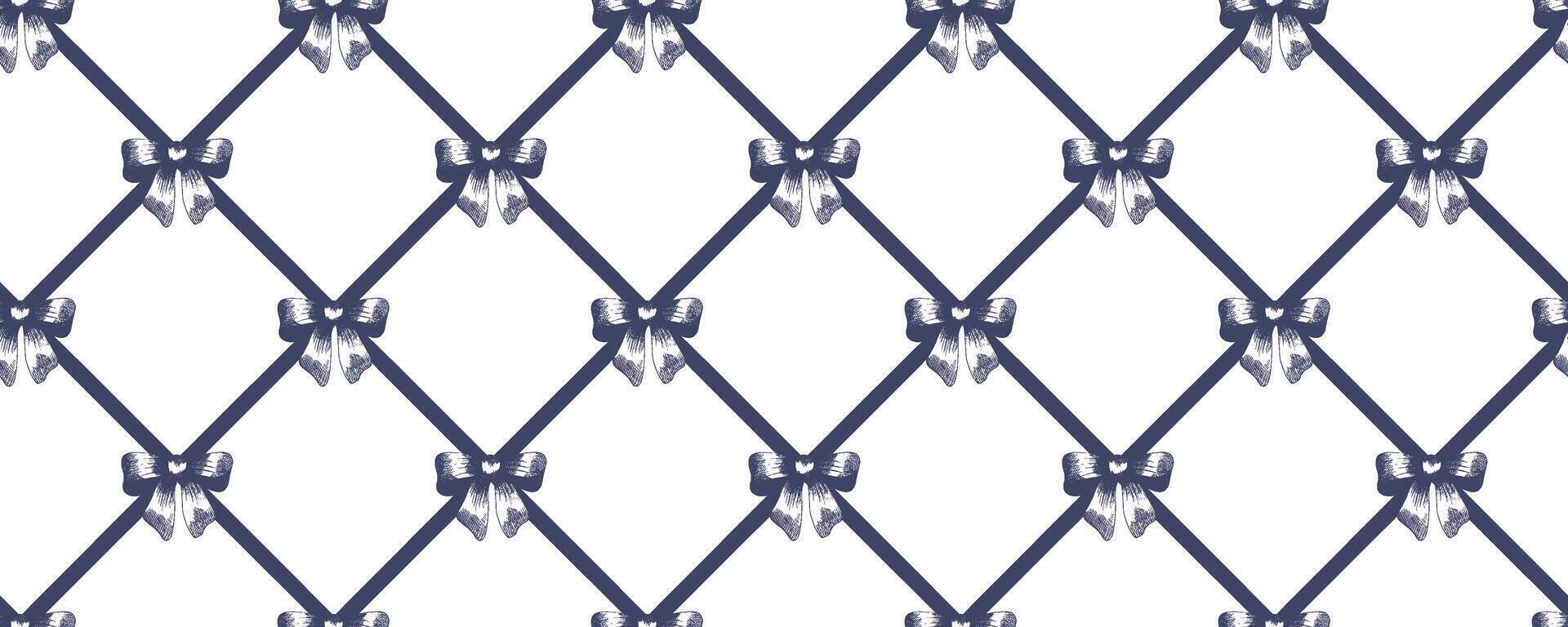 Seamless pattern with engraved bows and ribbons. Repeating background with hand-drawn ink bow. vector
