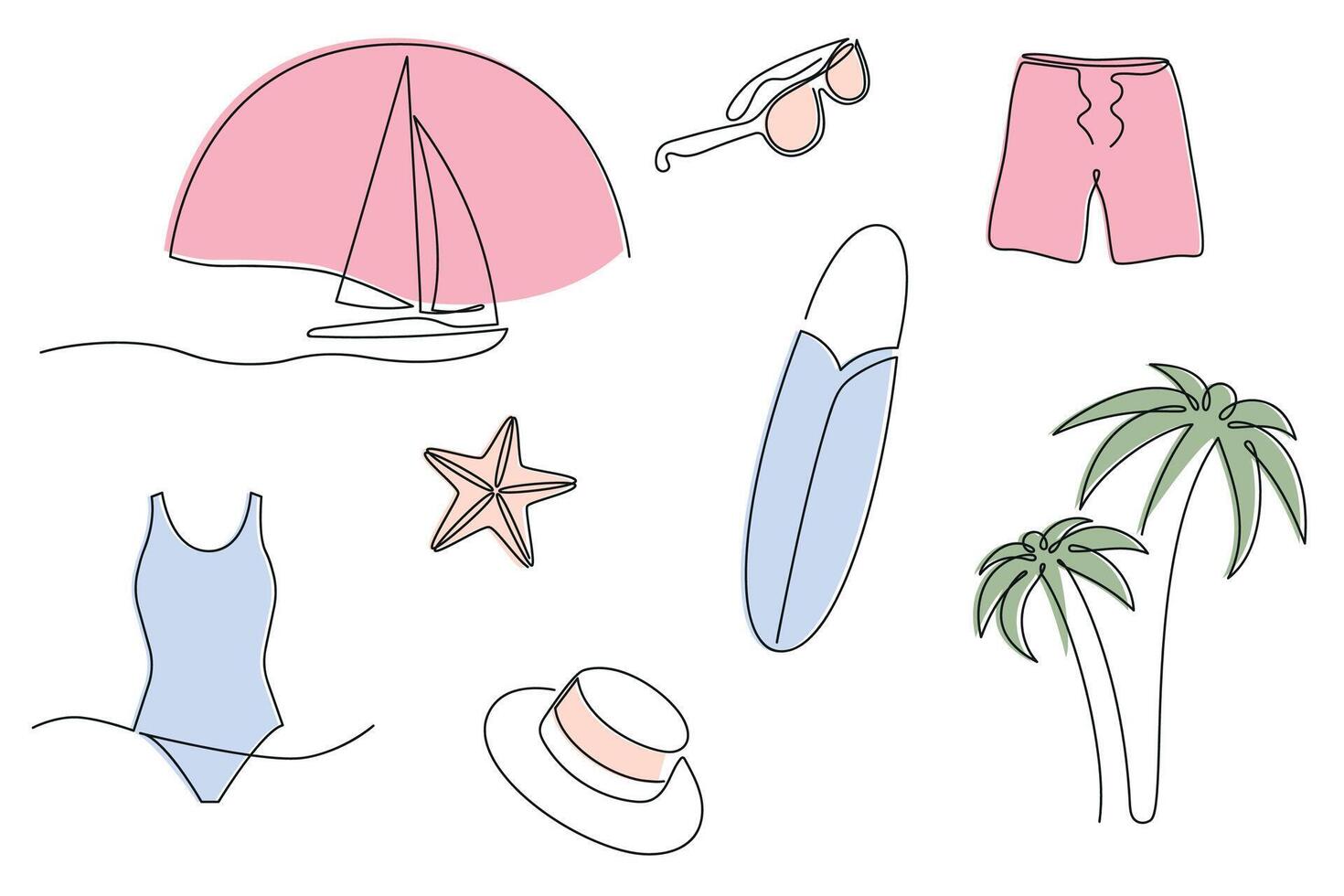 Beach holidays set in one continuous line in color. One line drawing, minimalism. vector