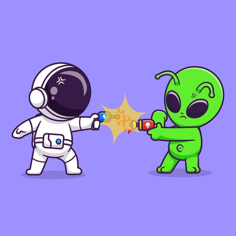 Cute Astronaut And Cute Alien Playing With Space Gun Cartoon vector