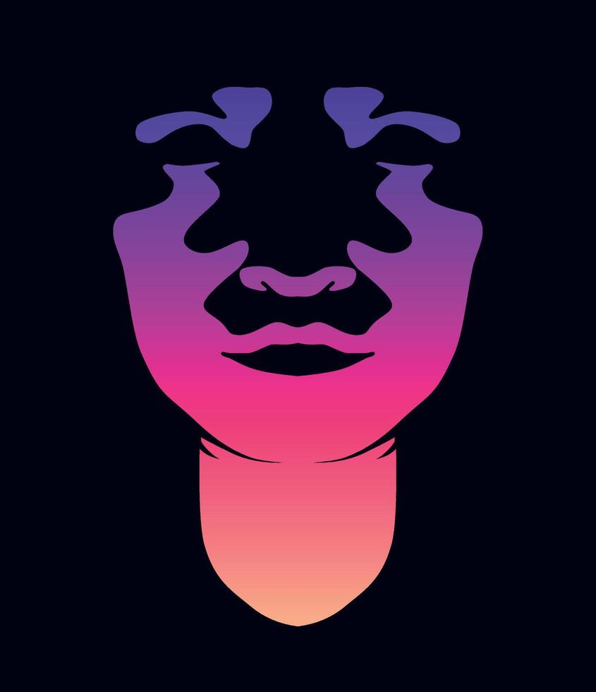 The girl's face is illuminated by a flashlight from below. Illustration of a creepy face vector