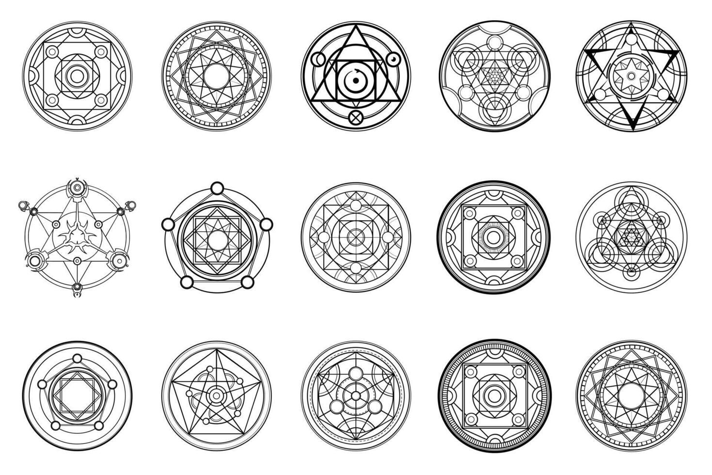 A large set of magic circles. Alchemical magic circles for witchcraft vector