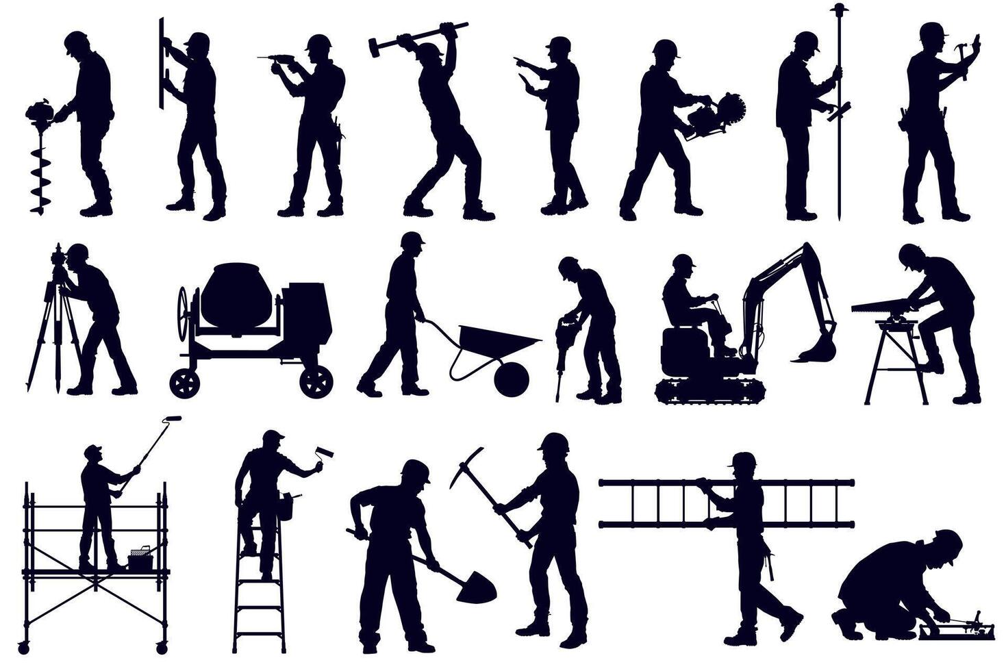 Big set of silhouettes of working builders. Set of eight silhouettes of construction workers vector