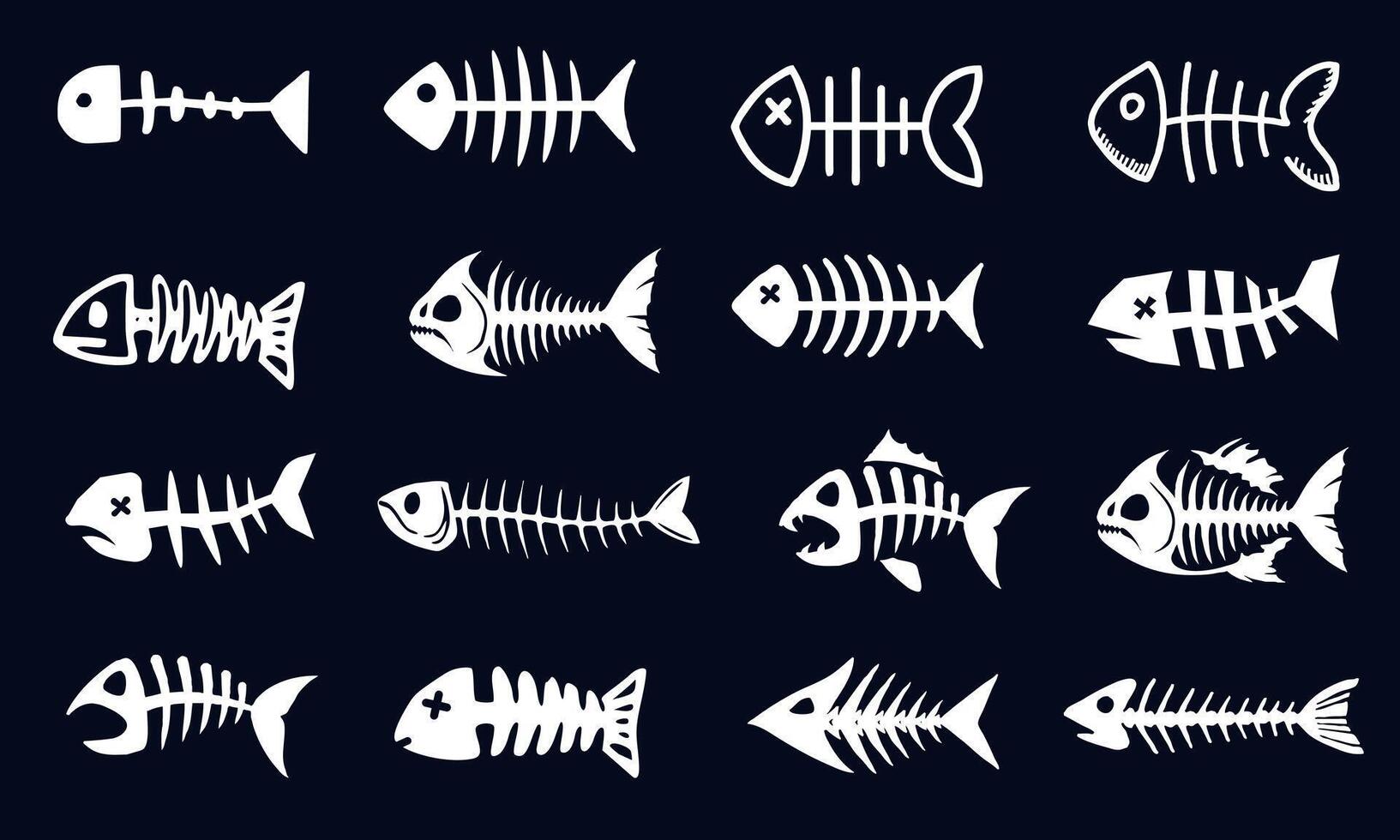 Set of silhouettes of dead fish bones on a dark background vector