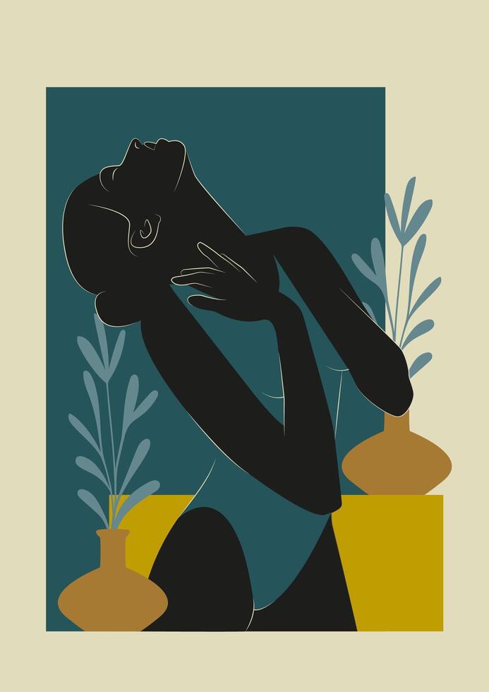 Modern wall art aesthetic silhouette of young woman. Minimalistic woman line art silhouette vector