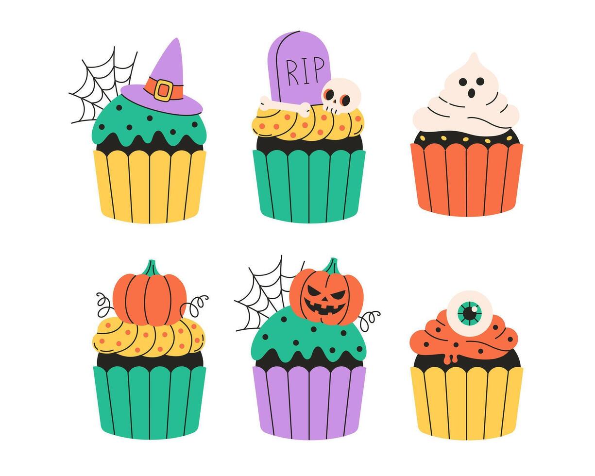 Cute Halloween cupcakes with eyes, spider, web, ghost, pumpkins, bones. Happy Halloween. Trick or treat vector